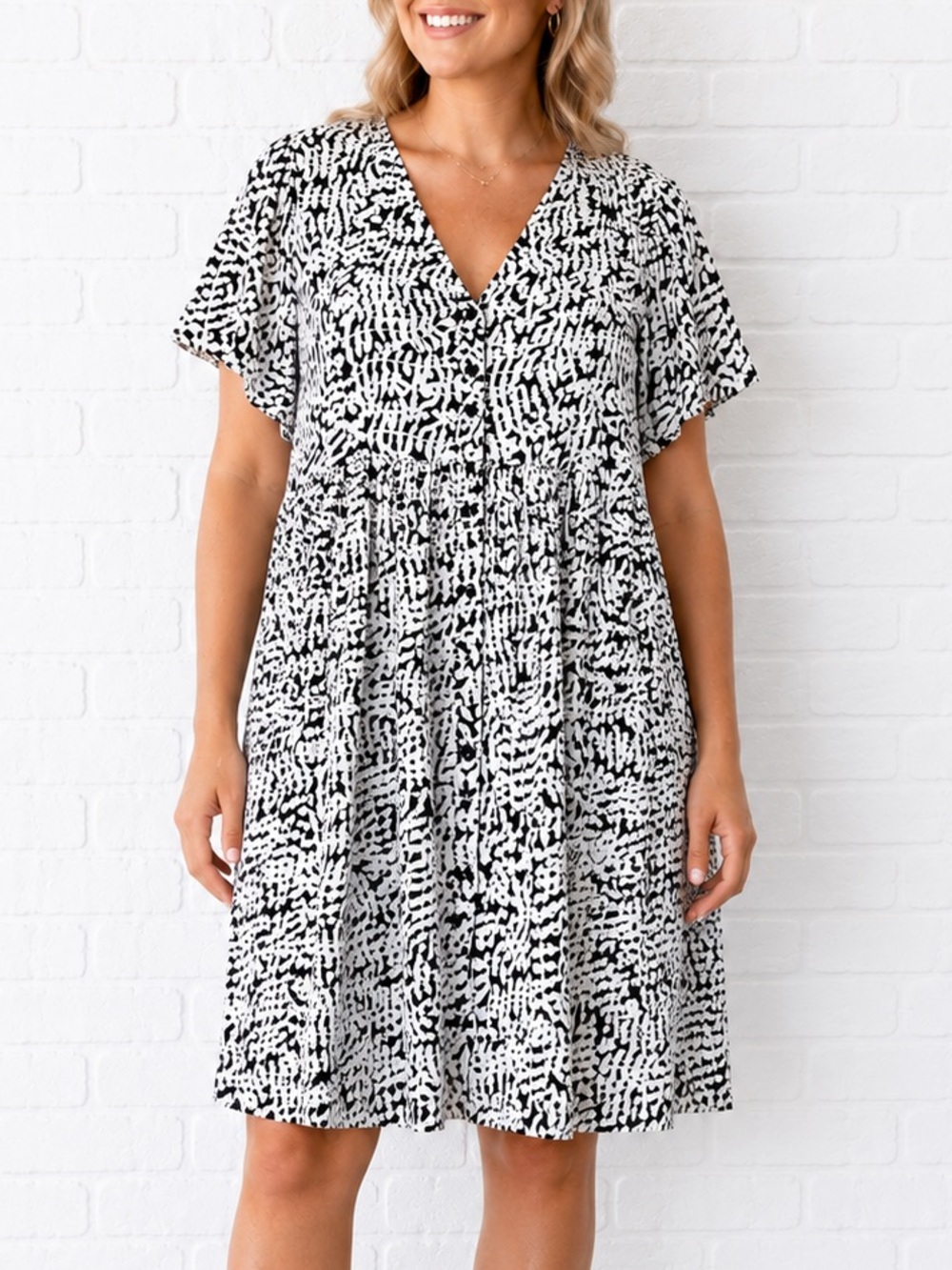 Woman Within Babydoll Dress 2X Black White Empire Waist Button Front Flowy